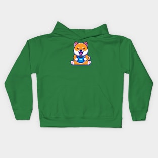 Cute Shiba Inu Dog Holding Hot Coffee Cup Cartoon Kids Hoodie